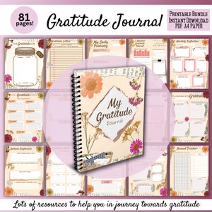 Puede incluir: Un diario de gratitud imprimible con 81 páginas. La portada presenta un diseño floral con flores secas y un título que dice "My Gratitude Journal". El diario incluye páginas para la positividad diaria, cartas de gratitud, reflexiones mensuales y más.