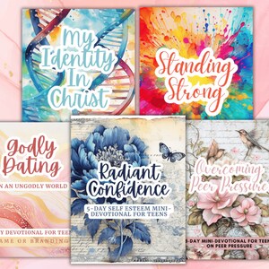 May include: Five colourful digital printable covers for teen devotional journals. The covers feature watercolour backgrounds with inspirational text. The titles are "My Identity in Christ", "Standing Strong", "Godly Dating in an Ungodly World", "Radiant Confidence", and "Overcoming Peer Pressure".