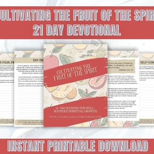 Puede incluir: Guía devocional imprimible de 21 días con un fondo de patrón de frutas coloridas. El título es "Cultivating the Fruit of the Spirit". Cada día se centra en un aspecto diferente del fruto del espíritu, como el amor, la alegría, la paz, la paciencia, la bondad, la amabilidad, la fidelidad, la gentileza y el autocontrol.