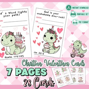 Puede incluir: Un conjunto de tarjetas cristianas de San Valentín con ilustraciones de dinosaurios adorables. Las tarjetas presentan frases como "¡Dios es tu dino-roca inquebrantable!" y "¡La palabra de Dios ilumina tu camino!" con corazones y adornos florales. El conjunto incluye 7 páginas y 28 tarjetas.