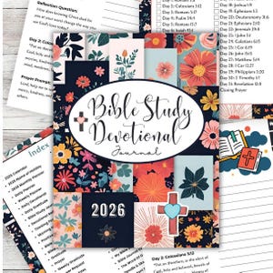 May include: A Bible study devotional journal with a floral design and the text "Bible Study Devotional Journal 2026." The journal includes daily prompts, calendars, and scripture references. The cover features a cross and heart.