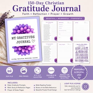May include: A 150-Day Christian Gratitude Journal with a purple floral design. The journal includes daily gratitude prompts, Bible study pages, and a Bible reading tracker. The cover features the text "My Gratitude Journal."