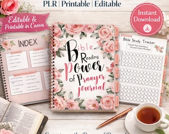 May include: A digital prayer planner with a spiral-bound cover featuring pink roses and the text Bible Reading Power of Prayer journal. Includes an index page, a Bible study tracker, a cup of tea, and an open book on a wooden surface.