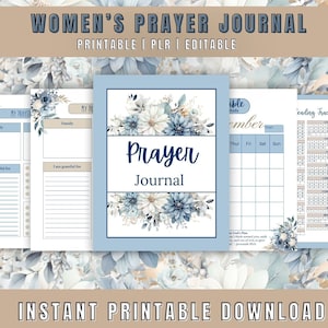 Könnte beinhalten: Ein druckbares Gebetsjournal mit einem blauen und weißen Blumendesign. Das Journal enthält Abschnitte für Familie, Dankbarkeit und ein tägliches Gebetslogbuch. Das Cover zeigt den Text "Prayer Journal".