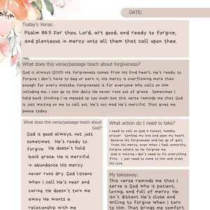May include: A beige journal page with the word "Reflections" in cursive script. The page includes a Bible verse, questions about forgiveness, and space for personal reflection. Floral illustrations in peach and pink adorn the top left corner.