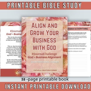 Peut inclure: Une couverture de livre imprimable avec un fond abstrait rose et blanc. Le titre est "Aligner et développer votre entreprise avec Dieu". Le sous-titre est "#JournalChallenge Dieu + Alignement des affaires 30 jours de voyage dévotionnel". Le livre est de Faithful Creators Corner.
