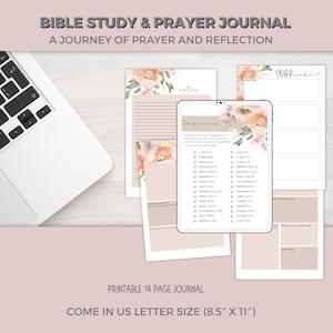 May include: A digital Bible study and prayer journal with floral accents. The journal includes pages for notes, a SOAP worksheet, and a section on forgiveness. The text reads "Bible Study & Prayer Journal" and "A Journey of Prayer and Reflection."