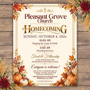 May include: A flyer for Pleasant Grove Church Homecoming on Sunday, October 4, 202x, featuring autumn leaves, pumpkins, and berries. The text includes event times, singing by Leap of Faith, worship service, food, fellowship, and the address in Bladenboro, NC.