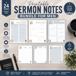 Puede incluir: Un paquete de notas de sermón imprimibles con 24 páginas en varios tamaños. Las hojas incluyen secciones para tema, escrituras, puntos clave, aplicación, peticiones de oración y estudio. Diseños con iconos de Biblia y cruz.