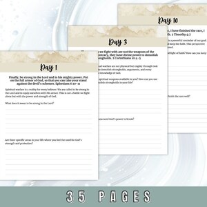May include: A printable journal with a beige background and a handwritten font. The journal is divided into 10 days with prompts for spiritual reflection. The text includes quotes from the Bible, such as "Finally, be strong in the Lord and in his mighty power." and "We fight with are not the weapons of the antrary, they have divine power to demolish ongholds."