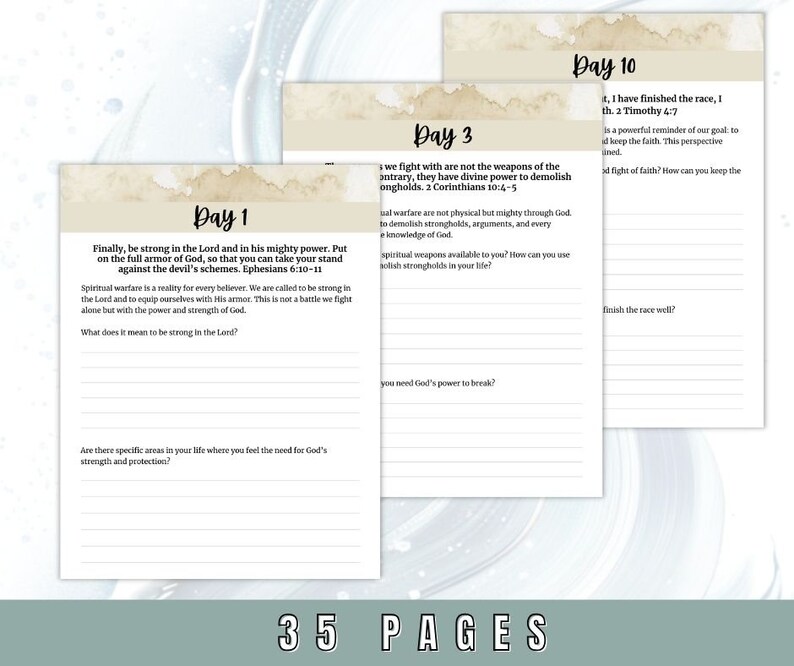 May include: A printable journal with a beige background and a handwritten font. The journal is divided into 10 days with prompts for spiritual reflection. The text includes quotes from the Bible, such as "Finally, be strong in the Lord and in his mighty power." and "We fight with are not the weapons of the antrary, they have divine power to demolish ongholds."