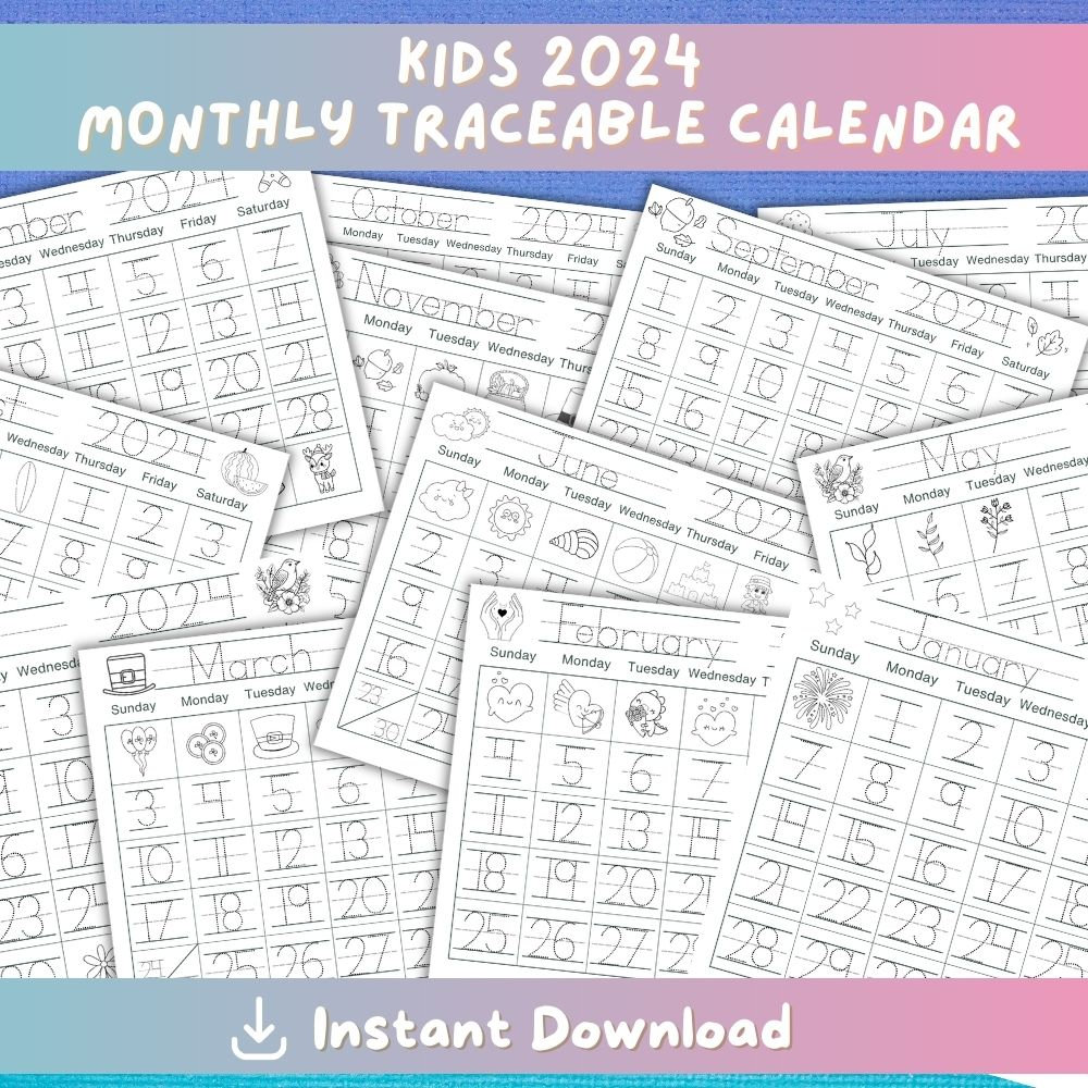 Printable Kids 2024 Calendars Learning Calendars Tracing Fun Homeschool Calendars, Kids ...