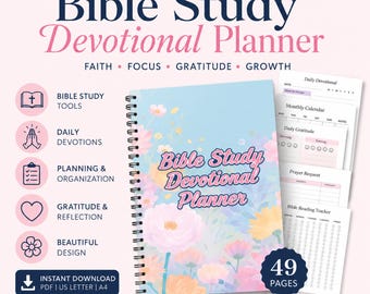 Bible Study Devotional Planner Printable PDF, Christian Faith Journal, Bible Workbook, Prayer Journal, Bible Reading Tracker Editable PLR