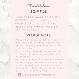 May include: A digital product description on a light pink background with the text "INCLUDED 1 ZIP FILE". Details include 150 pages, CMYK print-ready, 8.5x11 inch size, black and white and color versions. Additional notes and a social media handle are also included.