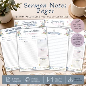 Puede incluir: Una colección de ocho páginas imprimibles para notas de sermones con bordes florales, detalles de cintas azules y secciones estructuradas para fecha, orador, escritura, notas, lecciones clave, reflexión y peticiones de oración.