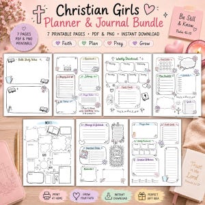 May include: A printable Christian Girls Planner & Journal Bundle with 7 pages. The pages include Bible study notes, weekly devotionals, and prayer lists. The design features hearts, crosses, and floral accents. The text includes "Faith", "Plan", "Pray", and "Grow".