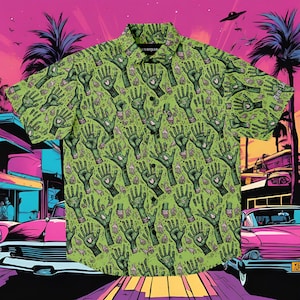 Könnte beinhalten: Grünes, kurzärmeliges Hemd mit Knöpfen und einem Muster aus Zombie-Händen und Knochen. Das Hemd hat einen Retro-Look der 80er Jahre.