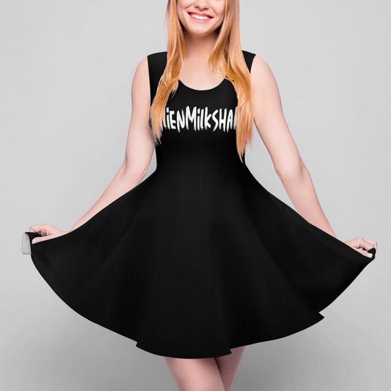 Black alienmilkshake Dress--Women's Round Neck Sleeveless skater Dress