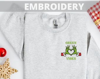 Besticktes weihnachtliches grünes Vibes-Sweatshirt, Weihnachtsgeschenk, besticktes grünes Weihnachts-Sweatshirt