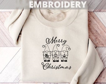 Embroidered Merry Christmas Gnomes Sweatshirt, Christmas Gift, Christmas Gnome Embroidery Sweatshirt