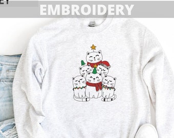 Embroidered Christmas Singing Cats Sweatshirt, Cat Lover Sweatshirt, Gift For Cat Lover, Meowy Catmas Sweater, Pet Sweater, Funny Cats