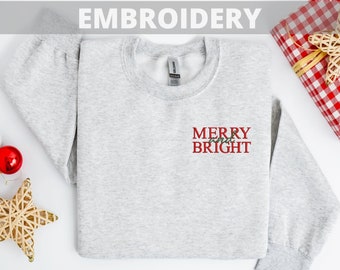 Embroidery Merry and Bright Sweatshirt, Christmas Gift, Christmas Crewneck, Christmas Sweater, Christmas Light Sweatshirt,Holiday Sweatshirt