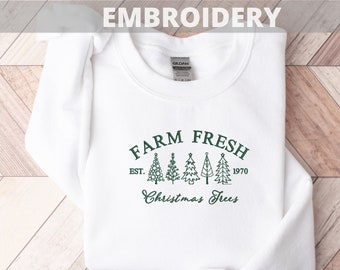 Besticktes Sweatshirt mit bauernhoffrischen Weihnachtsbäumen, Weihnachtsbaum-Sweatshirt, Urlaubs-Sweatshirt, mit Kiefernfichte und Tanne bestickter Pullover