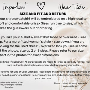 K&ouml;nnte beinhalten: Text auf wei&szlig;em Hintergrund mit den Worten "Important" und "Wear Tide" oben. Der Text enth&auml;lt Informationen zu Gr&ouml;&szlig;e, Passform und R&uuml;ckgabe f&uuml;r Hemden und Sweatshirts, einschlie&szlig;lich Anweisungen f&uuml;r lockere oder &uuml;bergro&szlig;e Passformen.