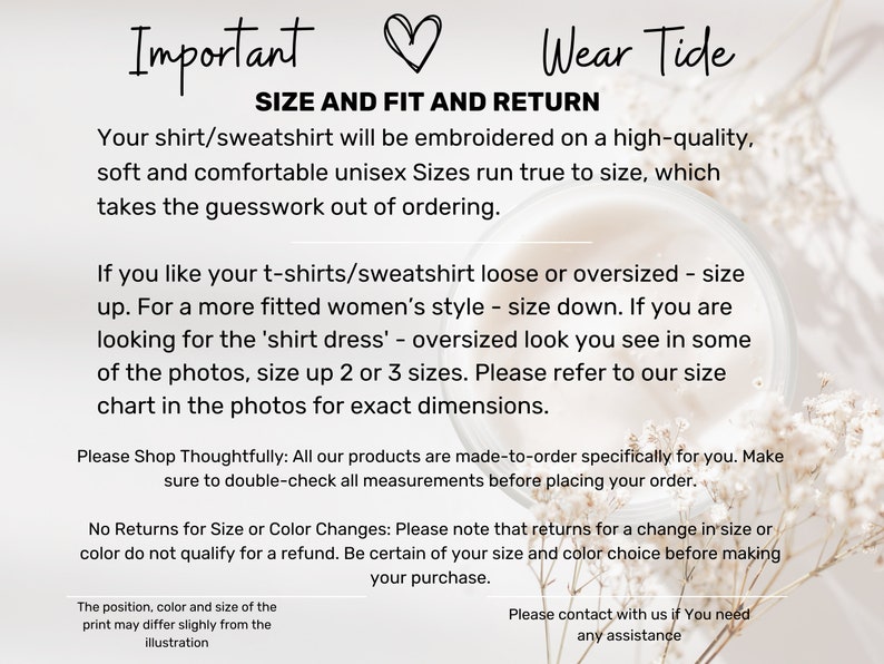 K&ouml;nnte beinhalten: Text auf wei&szlig;em Hintergrund mit den Worten "Important" und "Wear Tide" oben. Der Text enth&auml;lt Informationen zu Gr&ouml;&szlig;e, Passform und R&uuml;ckgabe f&uuml;r Hemden und Sweatshirts, einschlie&szlig;lich Anweisungen f&uuml;r lockere oder &uuml;bergro&szlig;e Passformen.