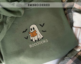 Embroidered Ghost Reading Books, Book Lover Sweater, Spooky Season, Cute Ghost Crewneck, Sweatshirt, Funny Halloween Gift For Her, Bookish