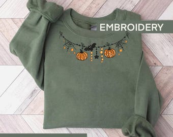 Besticktes Halloween Kürbis Sweatshirt, Bestickter Unikat Kragen Crewneck, Geschenk für Halloween Liebhaber, Gruselige Jahreszeit Hoodie,