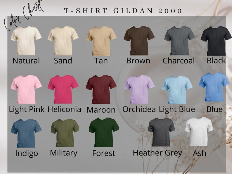 K&ouml;nnte beinhalten: Farbkarte mit Gildan 2000 T-Shirts in verschiedenen Farben, darunter Natur, Sand, Tan, Braun, Anthrazit und Schwarz. Weitere Farben sind Hellrosa, Heliconia, Bordeaux, Orchidee, Hellblau, Blau, Indigo, Milit&auml;r, Wald, Heather Grey und Asch.