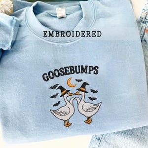 May include: Light blue embroidered sweatshirt with the word "GOOSEBUMPS" and a graphic of two geese wearing witch hats, a crescent moon, and bats. The word "EMBROIDERED" is embroidered above the collar.