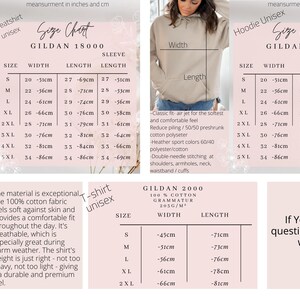 K&ouml;nnte beinhalten: Gr&ouml;&szlig;entabellen f&uuml;r Gildan Sweatshirts, Hoodies und T-Shirts mit Ma&szlig;en in Zoll und cm. Die Tabellen zeigen Breiten-, L&auml;ngen- und &Auml;rmelma&szlig;e f&uuml;r die Gr&ouml;&szlig;en S, M, L, XL und 2XL, sowie 3XL, 4XL und 5XL f&uuml;r Sweatshirt und Hoodie.