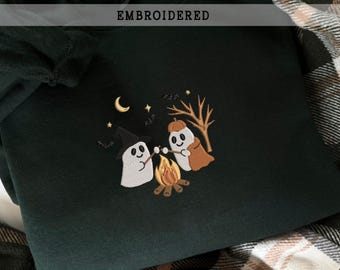 Embroidered Ghost Campfire Sweatshirt, Cute Spooky Season Gift, Vintage Camping Apparel for Fall Adventures, Funny Ghost Hoodie