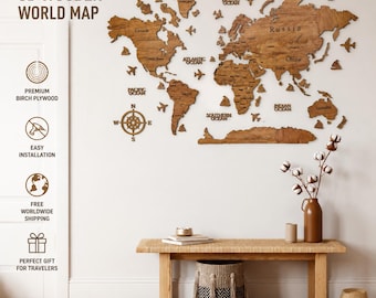 3D Wooden World Map, Large Travel Decor, Push Pin Display, Modern Office Art, Personalized Gift for Travelers, Home Decoration