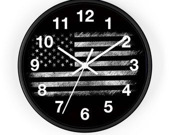 Horloge de la fierté américaine, horloge drapeau américain, horloge étoiles et rayures, horloge noir et blanc, horloge patriotique, horloge drapeau des États-Unis, horloge drapeau des États-Unis