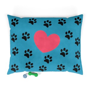 Pet Bed, Blue Pet Bed, Cozy Dog Bed, Cat Sleeping Mat, Heart Pattern Pet Bed, Cozy Pet Bed, Paw Print Design, Soft Pet Bed, Furry Friend Bed