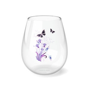 Stemless Wine Glass, Floral Design, Butterfly Wine Glass, Nature-inspired Glass, Elegant Wine Tumbler, Artistic Wine Glass, Wine Glass Gift