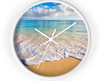 Reloj de playa, decoración costera, reloj de arena y mar, decoración costera, reloj con escena oceánica, reloj tropical, reloj de pared moderno, reloj genial