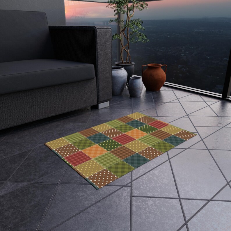 Patchwork Printed Rug, Patchwork Pattern Rug, Quilt Style Rug, Geometric Outdoor Rug, Patio Rug, Porch Rug, Deck Rug, Garden Rug, Cool Rug image 8