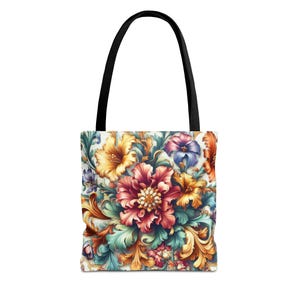 Può includere: Una borsa tote con un design floreale. I fiori sono in tonalità di giallo, rosso, blu e verde. Lo sfondo è bianco.