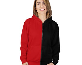 Dual Tone Hoodie, Two Tone Hoodie, Red Black Unisex Zip Hoodie, Half & Half Hoodie, Double Color Hoodie, Contrast Hoodie, Bi Color Hoodie Dual Tone Hoodie, Two Tone Hoodie, Red Black Unisex Zip Hoodie, Half & Half Hoodie, Double Color Hoodie, Contrast Hoodie, Bi Color Hoodie