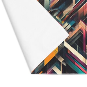 Może przedstawiać: Abstrakcyjny wzór geometryczny z połączeniem żywych kolorów, w tym pomarańczowego, żółtego, różowego, niebieskiego i zielonego. Wzór składa się z nakładających się kształtów i linii, tworząc wrażenie głębi i ruchu.