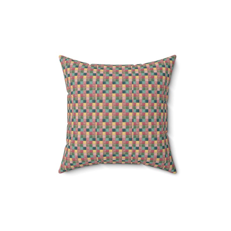 Cuscino quadrato con motivo patchwork, cuscino con stampa patchwork, cuscino geometrico, cuscino patchwork colorato, cuscino unico, cuscino alla moda immagine 1