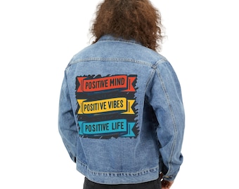 Giacca in denim motivazionale e ispiratrice da uomo, giacca in denim con vibrazioni positive, giacca in denim stampata, giacca unica, giacca in jeans alla moda