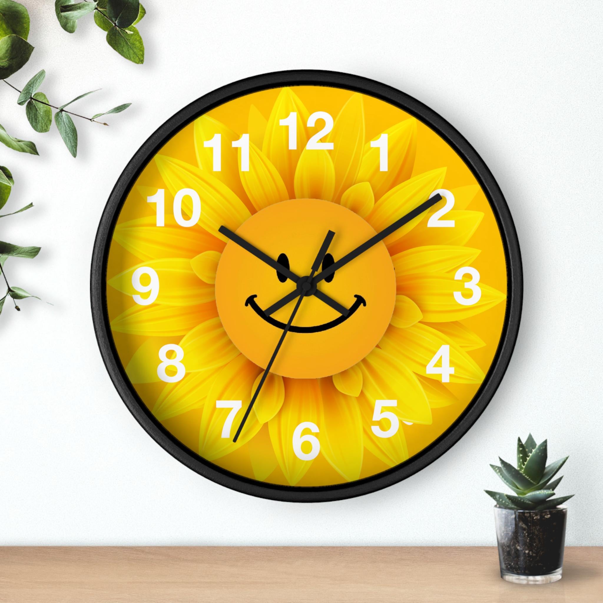 Smiling Sunflower Wall Clock, Happy Face Sunflower Clock, Emoji