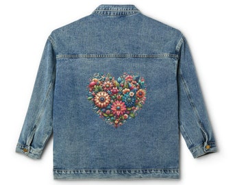 Women Denim Jacket, Floral Denim Jacket, Heart Jean Jacket, Printed Jean Jacket, Printed Denim Jacket, Jean Jacket, Blue Denim Jacket, Gift