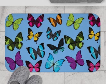 Bath Mat, Butterfly Bath Mat, Memory Foam Bath Mat, Non Slip Bath Mat, Cute Bath Mat, Unique Bath Mat, Aesthetic Bath Mat, Blue Bath Mat