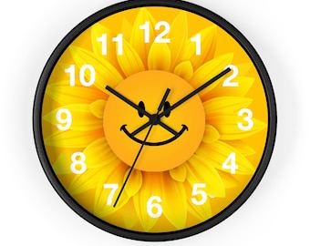 Smiling Sunflower Wall Clock, Happy Face Sunflower Clock, Emoji Clock, Floral Wall Clock, Flowers Clock, Modern Wall Clock, Kids Clock